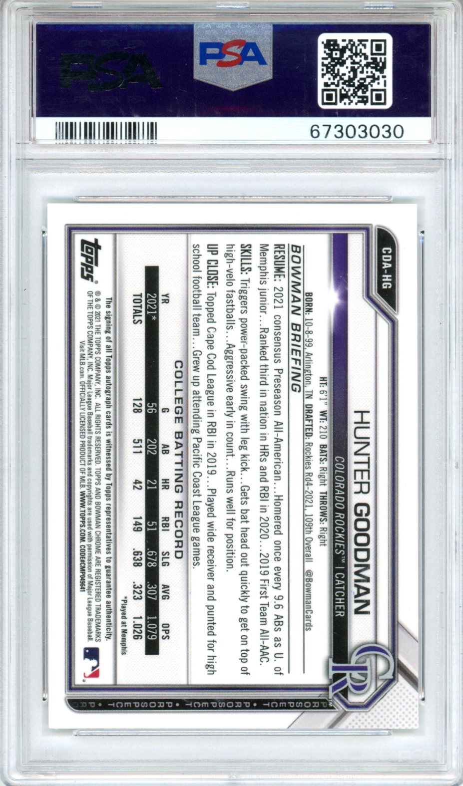 2021 Bowman Draft Chrome Draft Pick Autographs Hunter Goodman #CDAHG PSA 9