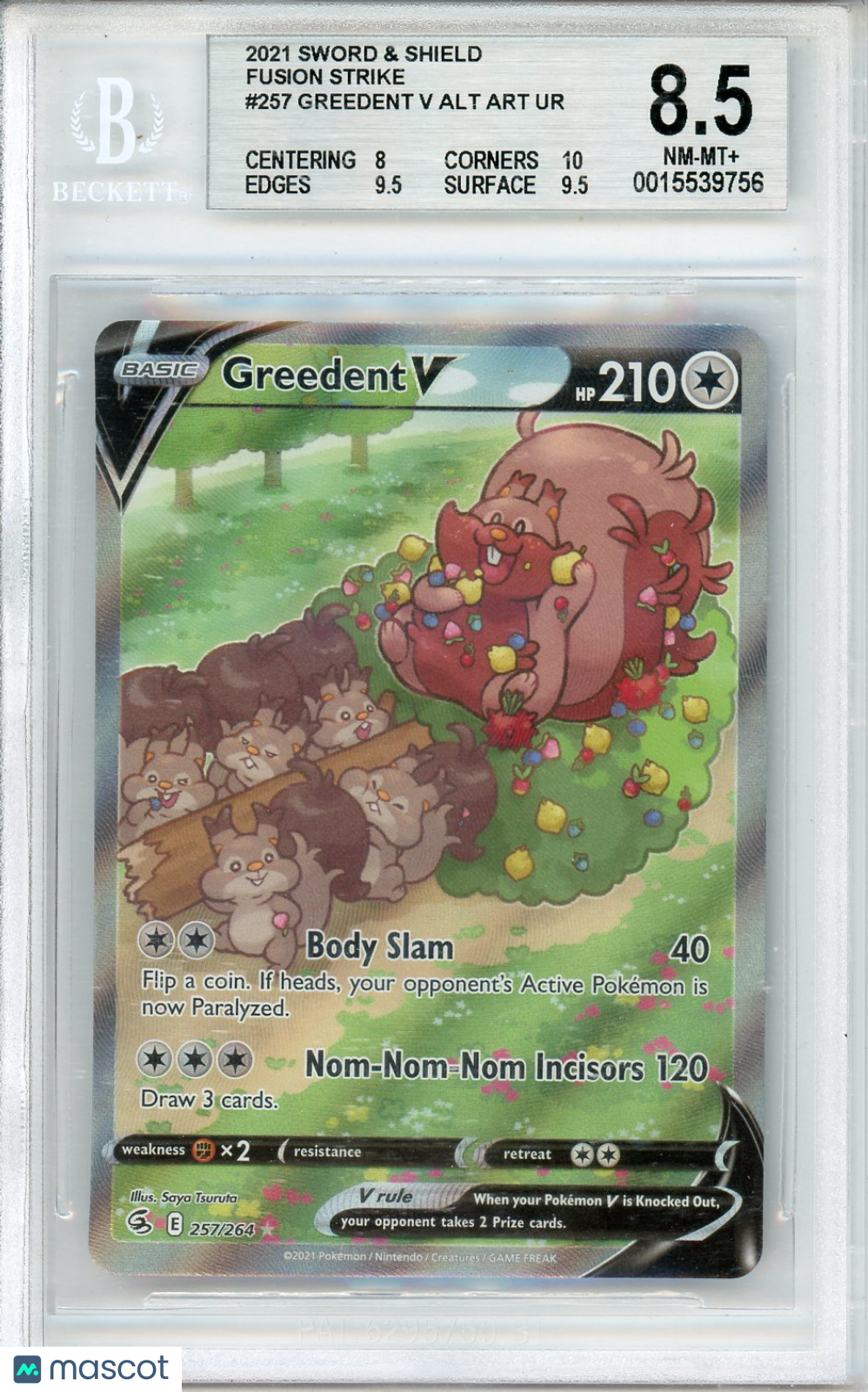 2021 Pokemon Sword and Shield Fusion Strike Greedent V #257 BGS 8.5