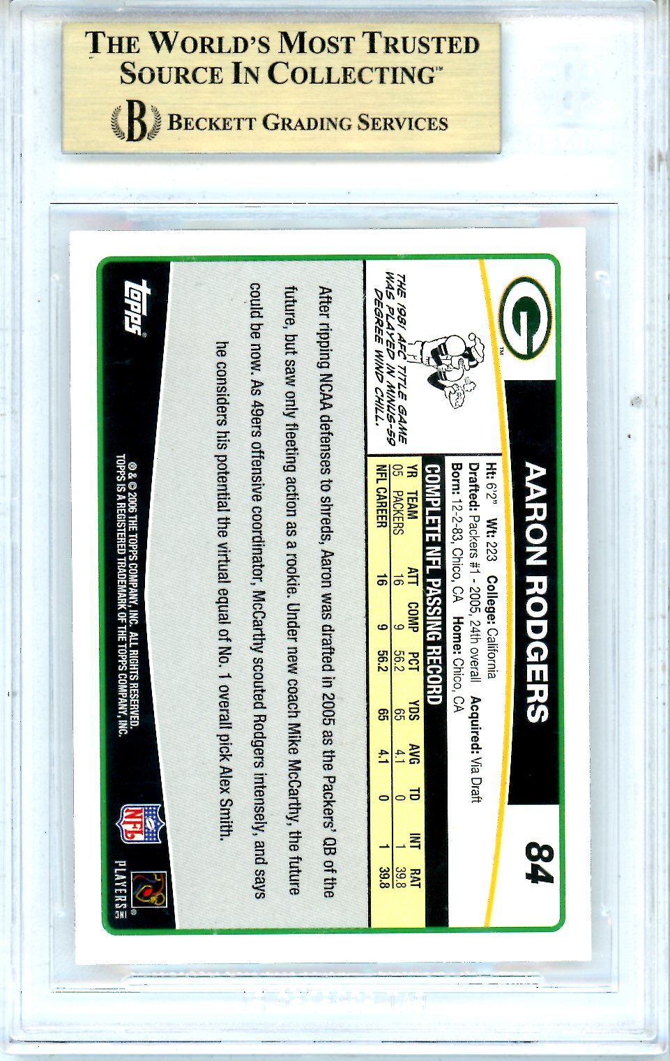 2006 Topps Aaron Rodgers Rookie #84 BGS 9.5 GEM MINT Green Bay Packers