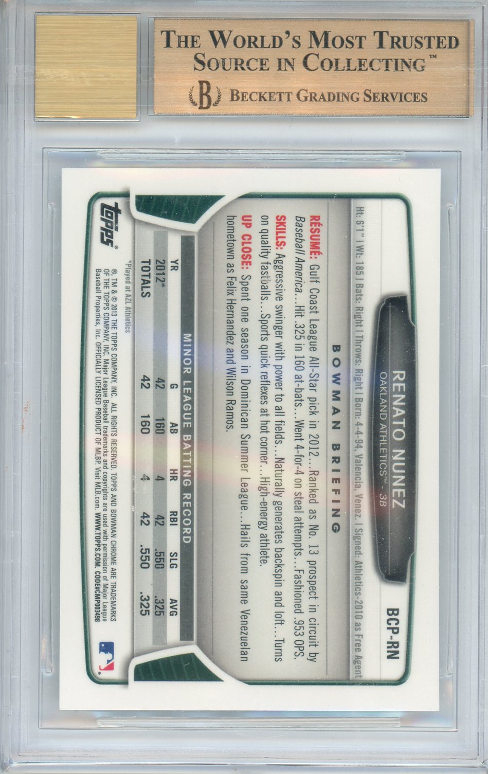 2013 Bowman Chrome Prospect Autographs Renato Nunez #RN BGS 9.5