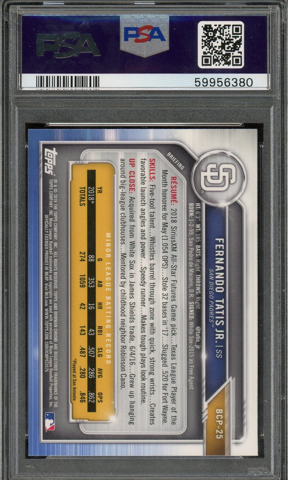 2019 Bowman Prospects Chrome Fernando Tatis JR. #25 PSA 9 San Diego Padres