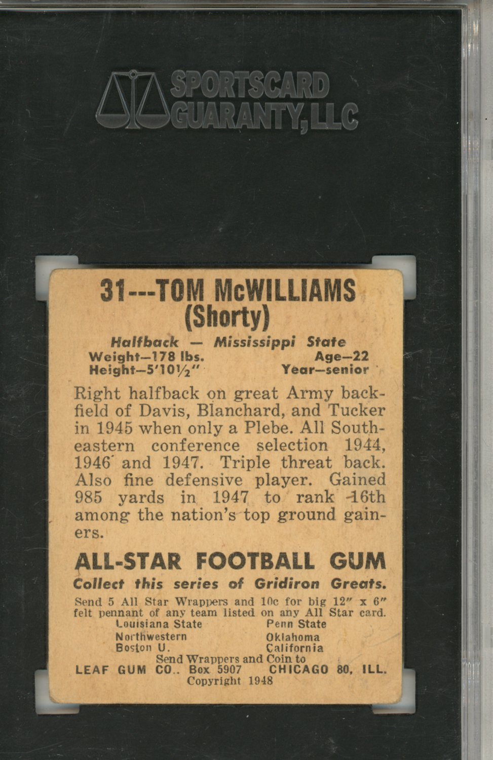 1948 Leaf Gum Co. Tom Mcwilliams #31 SGC 2