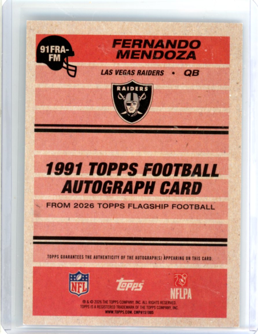 2026 Topps Fernando Mendoza 1991 Rookie Auto Black 09/10 RC Las Vegas Raiders