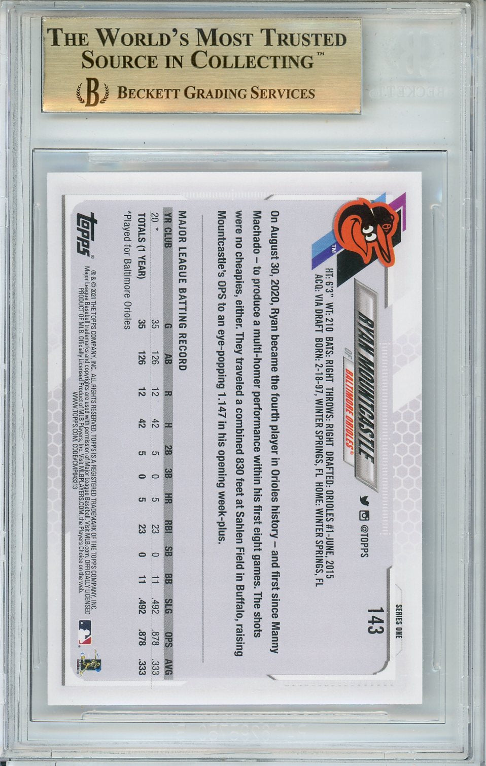 2021 Topps Ryan Mountcastle Rookie #143 BGS 9.5 GEM MINT Baltimore Orioles