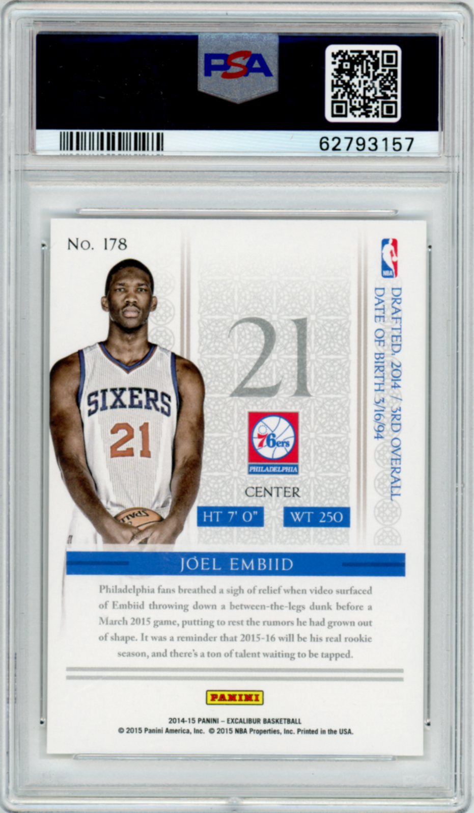 2014 Panini Excalibur Joel Embiid #178 PSA 10