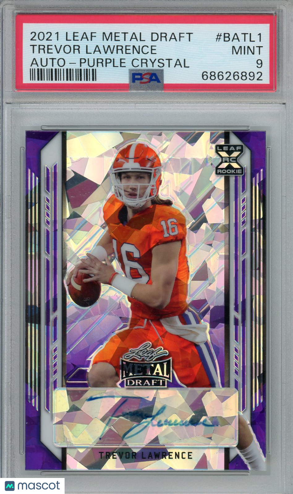 2021 Leaf Metal Draft Autographs Trevor Lawrence Purple Crystal Rookie/20 PSA 9