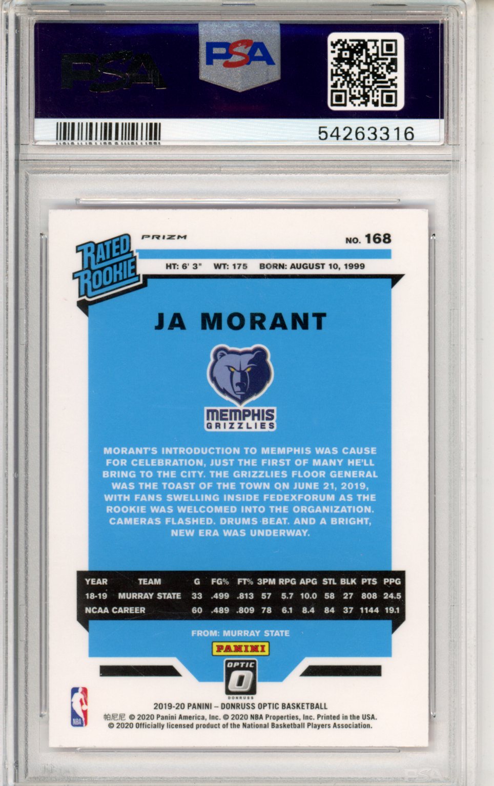 2019 Donruss Optic Ja Morant Hyper Pink Rookie #168 PSA 9 Memphis Grizzlies