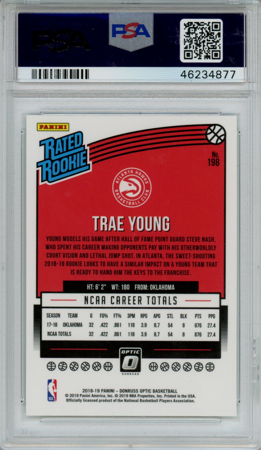 2018 Panini Donruss Optic Trae Young Rated Rookie #198 PSA 10 Atlanta Hawks