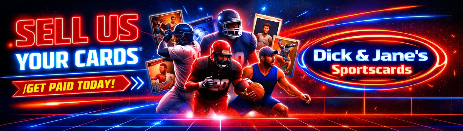 Dick & jane’s sportscards neon-lit advertisement featuring athletes in action poses with a glowing digital grid background.