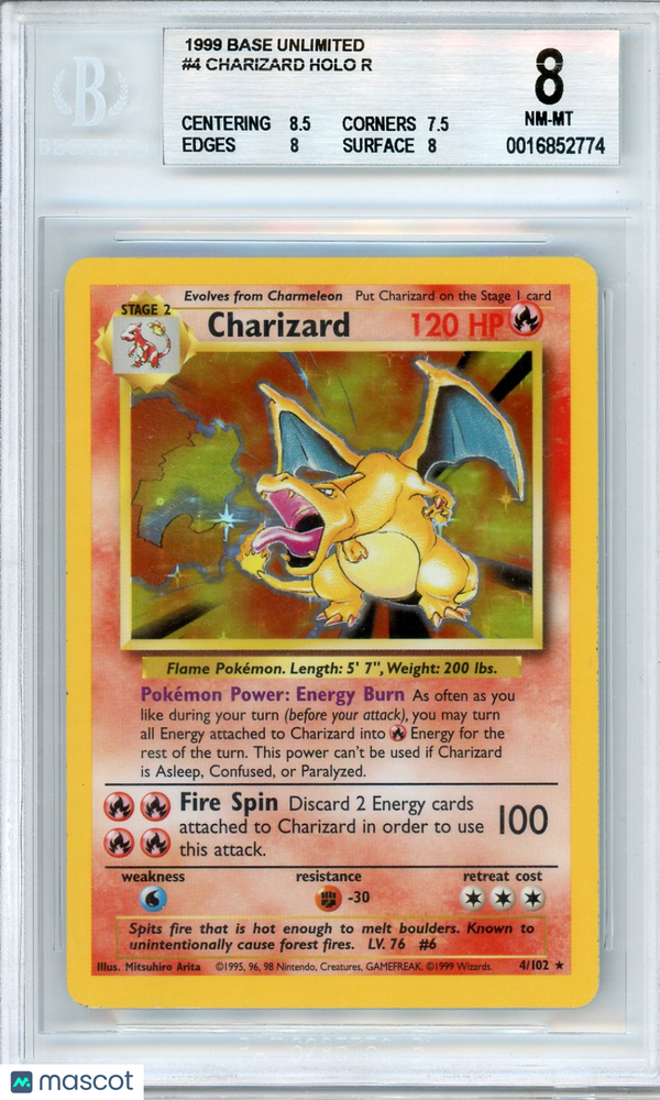 1999 Pokemon Base Unlimited Charizard HOLO R #4 BGS 8