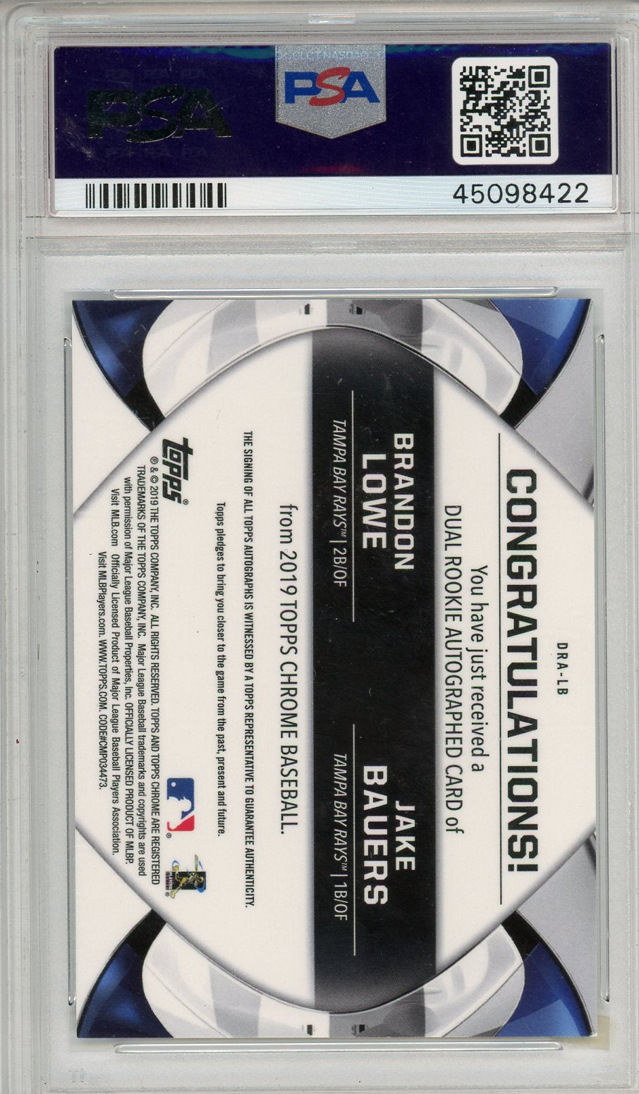 2019 Topps Chrome Dual Rookie Autographs Jake Bauers Brandon Lowe  PSA 10 /25