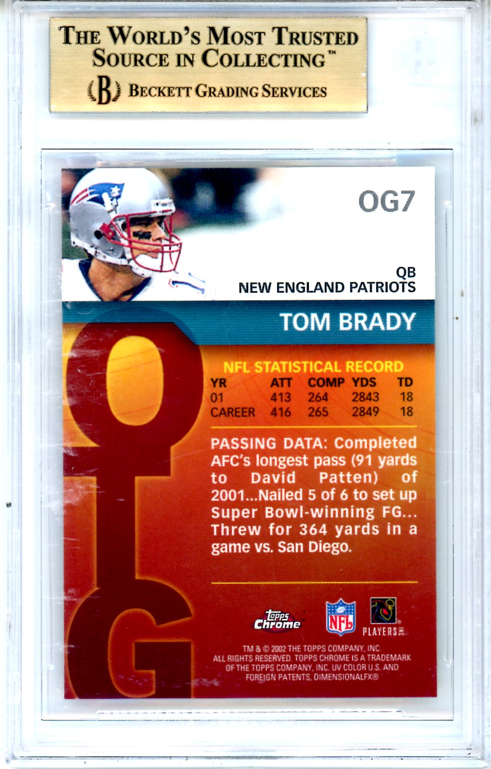 2002 Topps Chrome Own The Game #0G7 Tom Brady BGS 9.5 GEM MINT