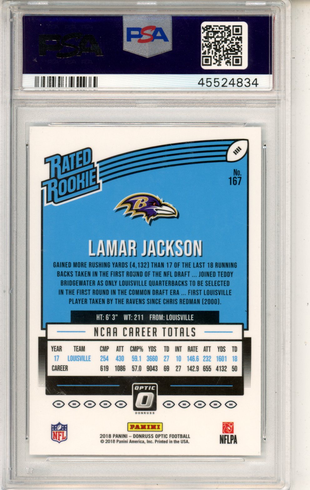 2018 Panini Donruss Optic Lamar Jackson #167 PSA 10 GEM MINT Baltimore Ravens