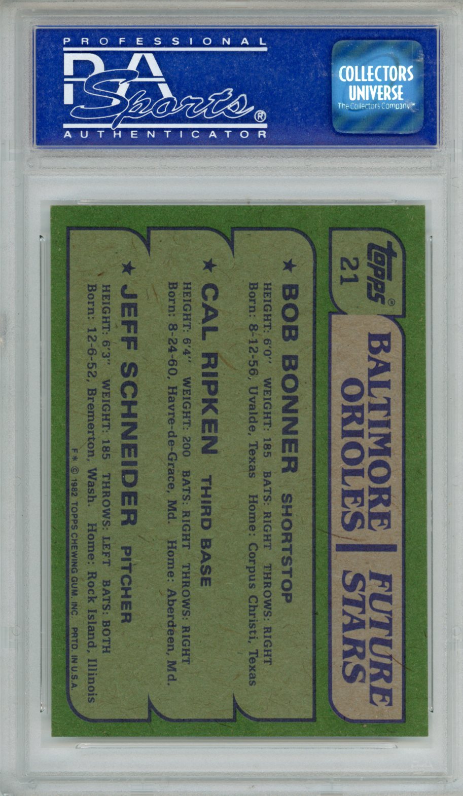 1982 Topps Orioles Future Rookie Stars Cal Ripken, Jr Bonner Schneider #21 PSA 8