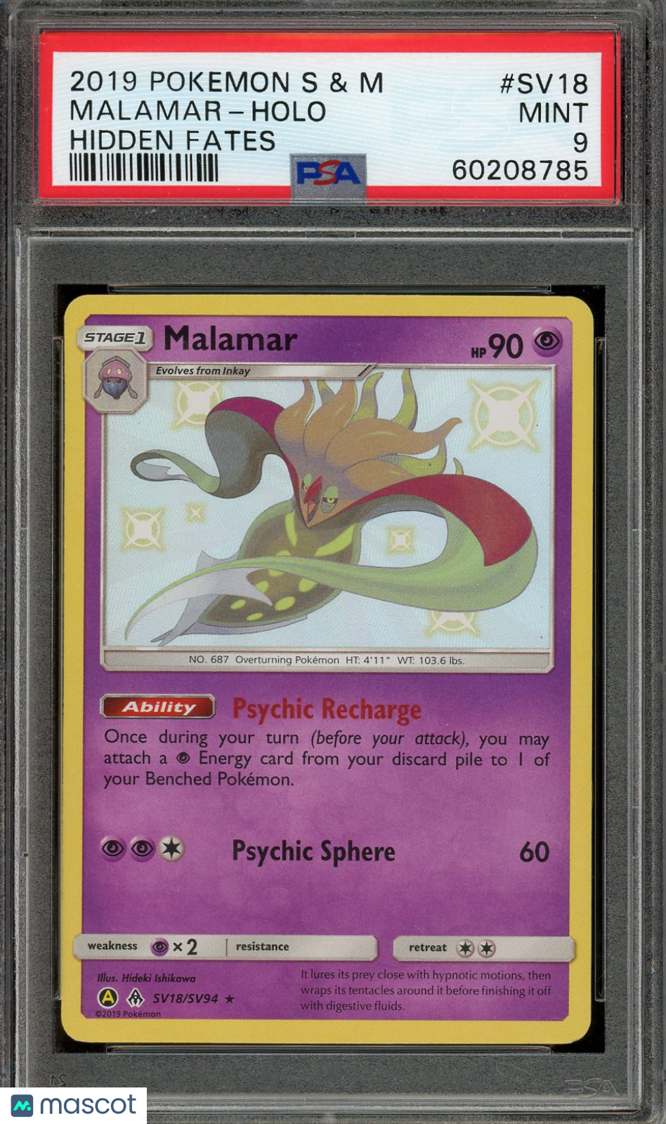 2019 Pokemon Sun & Moon Hidden Fates Malamar #SV18 Hidden Fates PSA 9