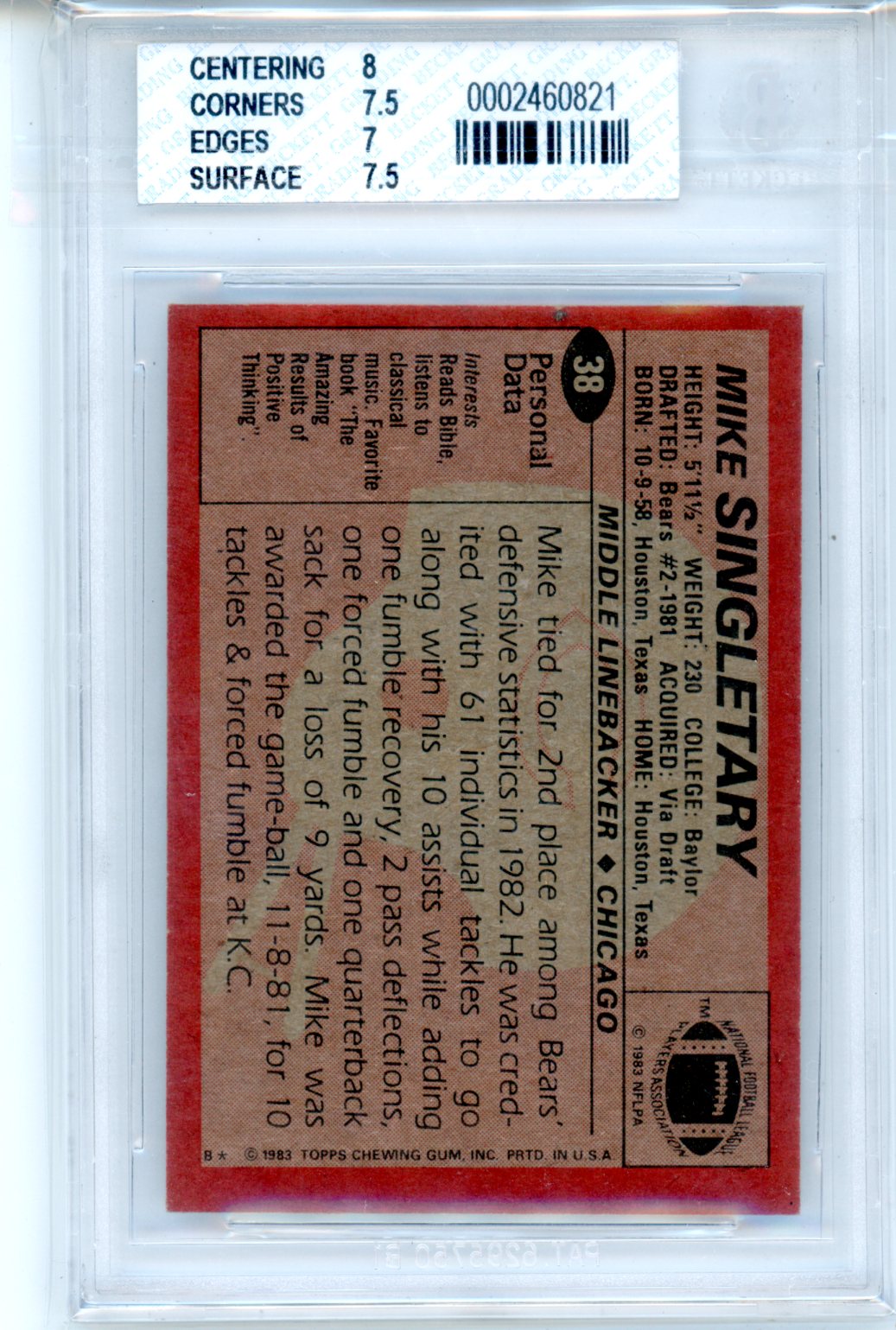 1983 Topps Mike Singletary #38 BGS 7.5