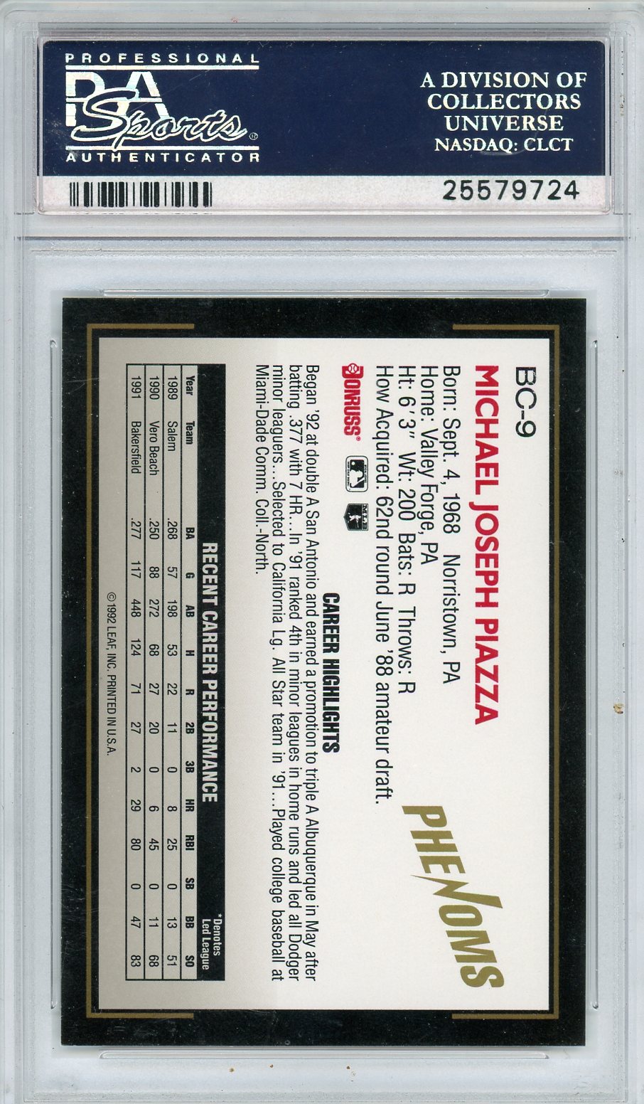 1992 Donruss Rookie Phenoms Mike Piazza #BC-9 PSA 8