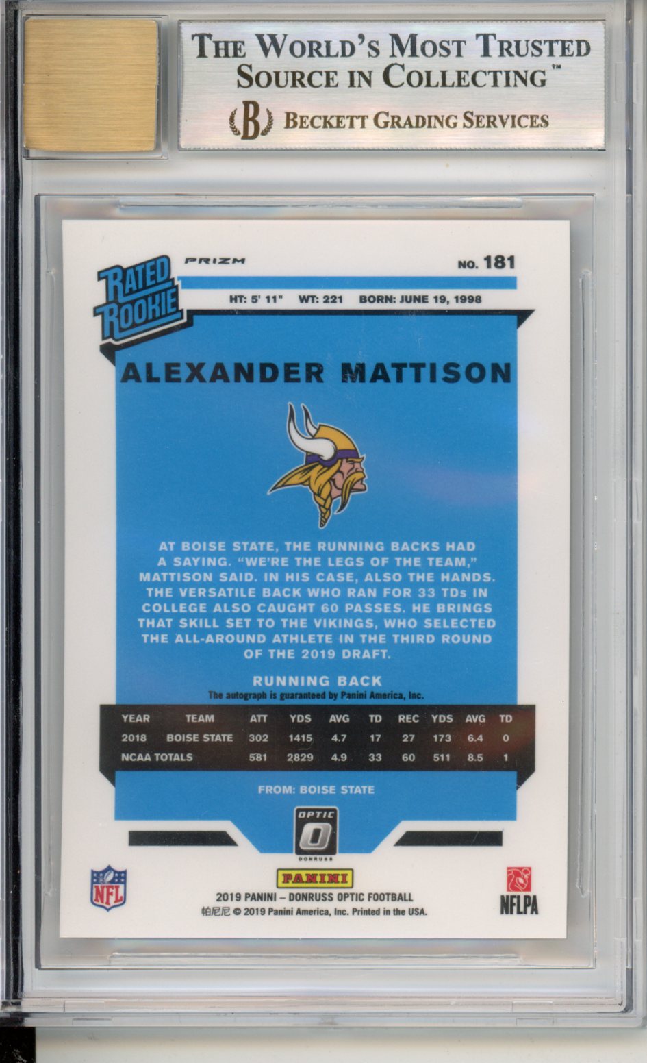 2019 Donruss Optic Rated Rookies Auto Bronze Alexander Mattison BGS 9 AUTO 10