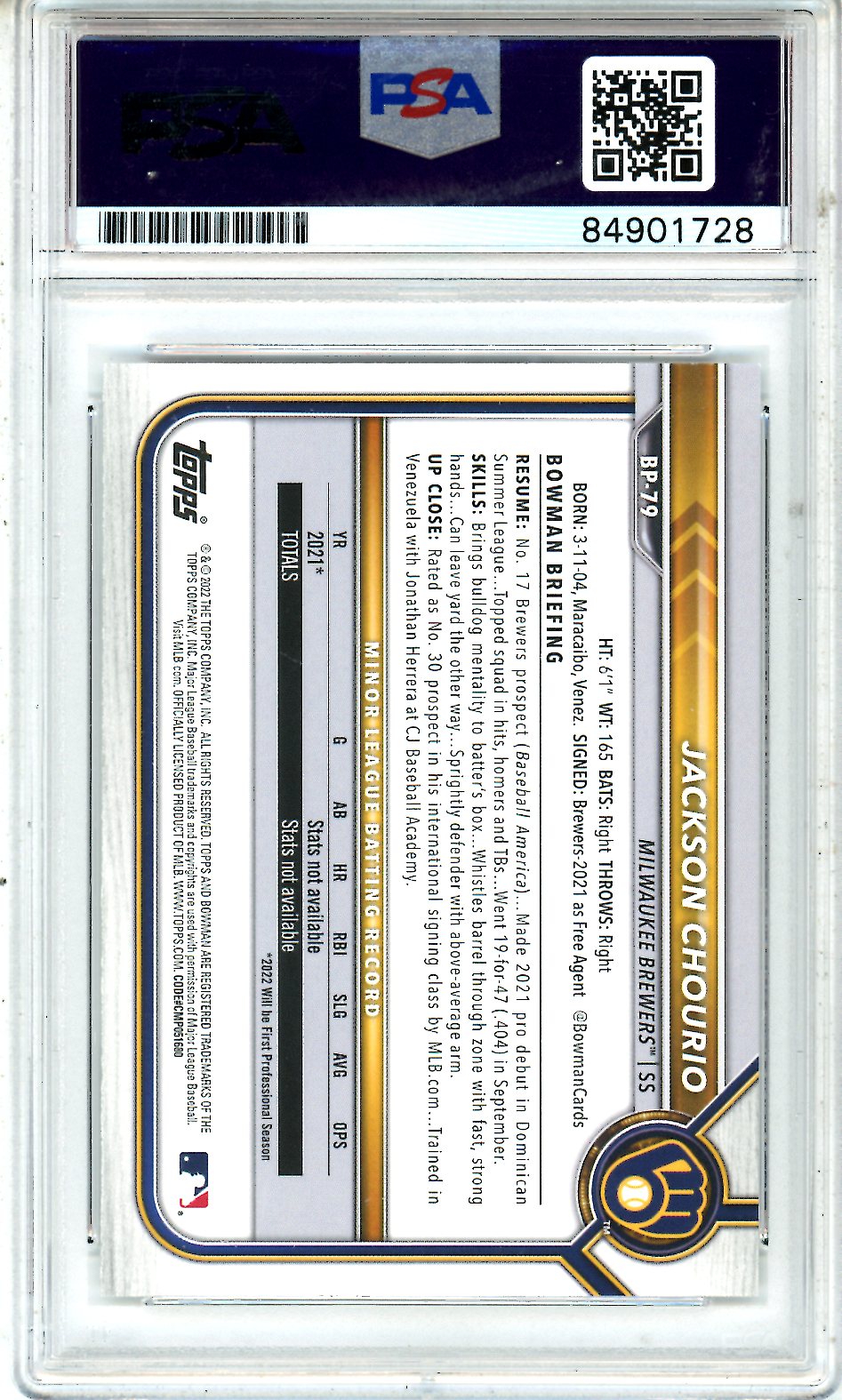 2022 Bowman Prospects Jackson Chourio 1st Bowman BP79 PSA Authentic On Card Auto