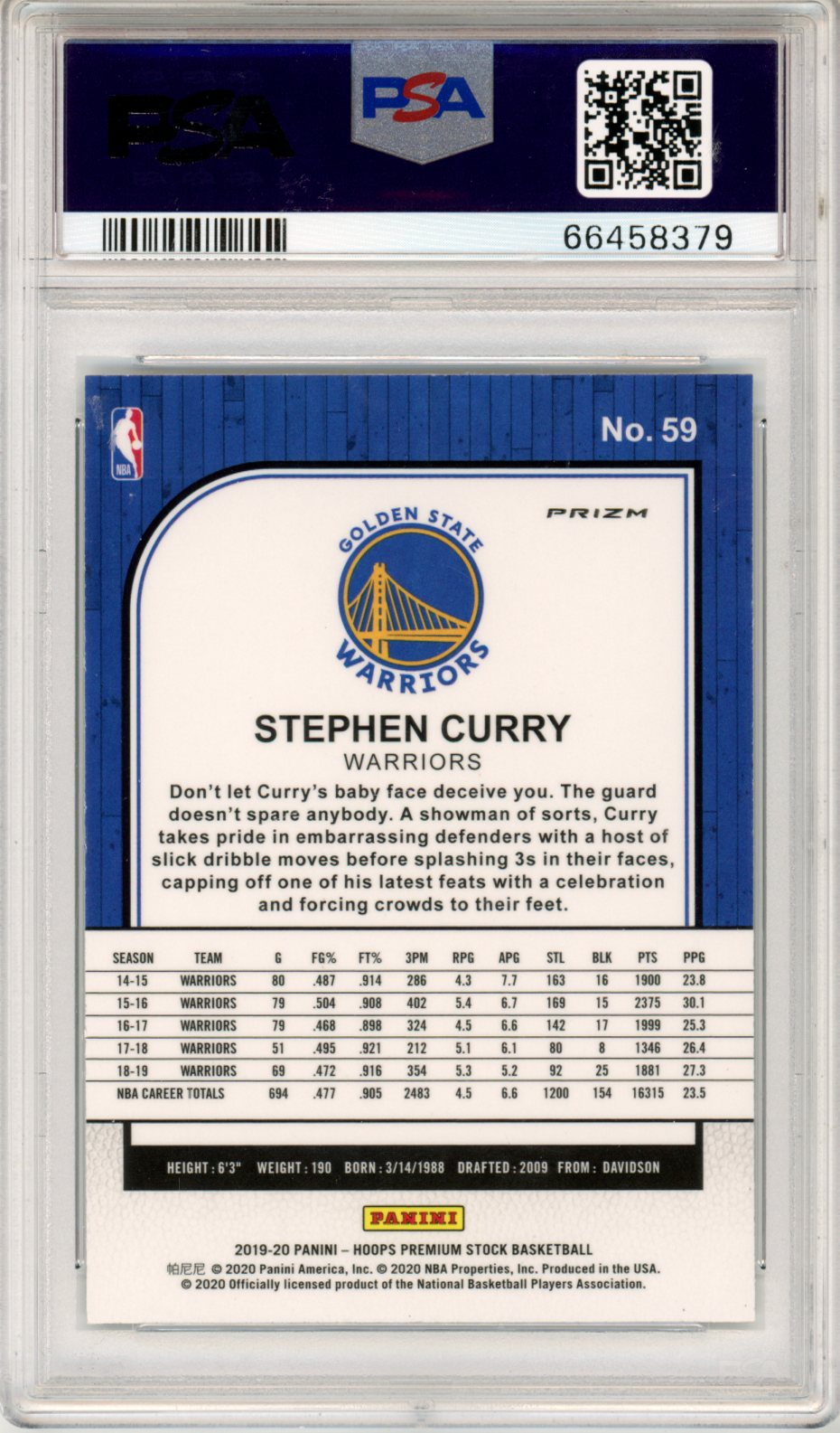 2019 Panini Hoops Premium Stock Stephen Curry Green Prizm #59 PSA 10
