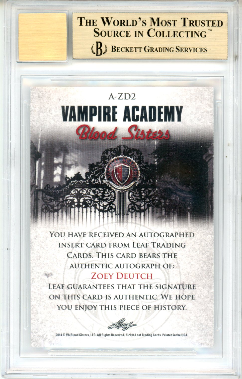 2014 Vampire Academy Blood Sisters Auto Zoey Deutch BGS 9.5 Auto 10