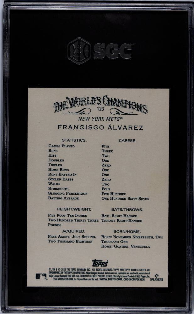 Francisco Alvarez Rookie 2023 Topps Allen & Ginter Foil Filigree #123 SGC 10 - Graded Sports Cards