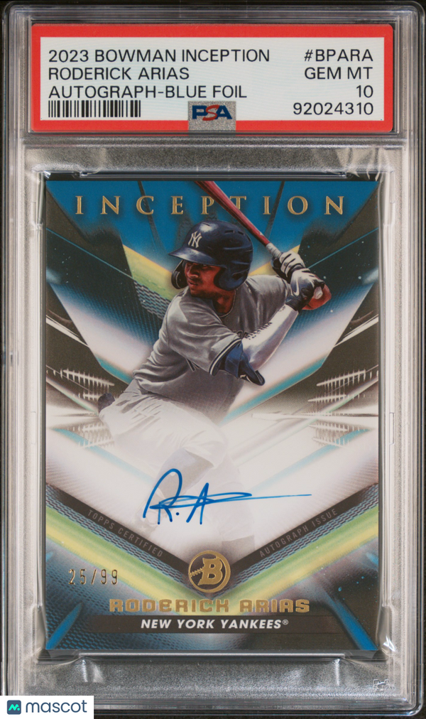 2023 Bowman Inception Autographs Roderick Arias Auto Blue Foil #BPARA PSA 10