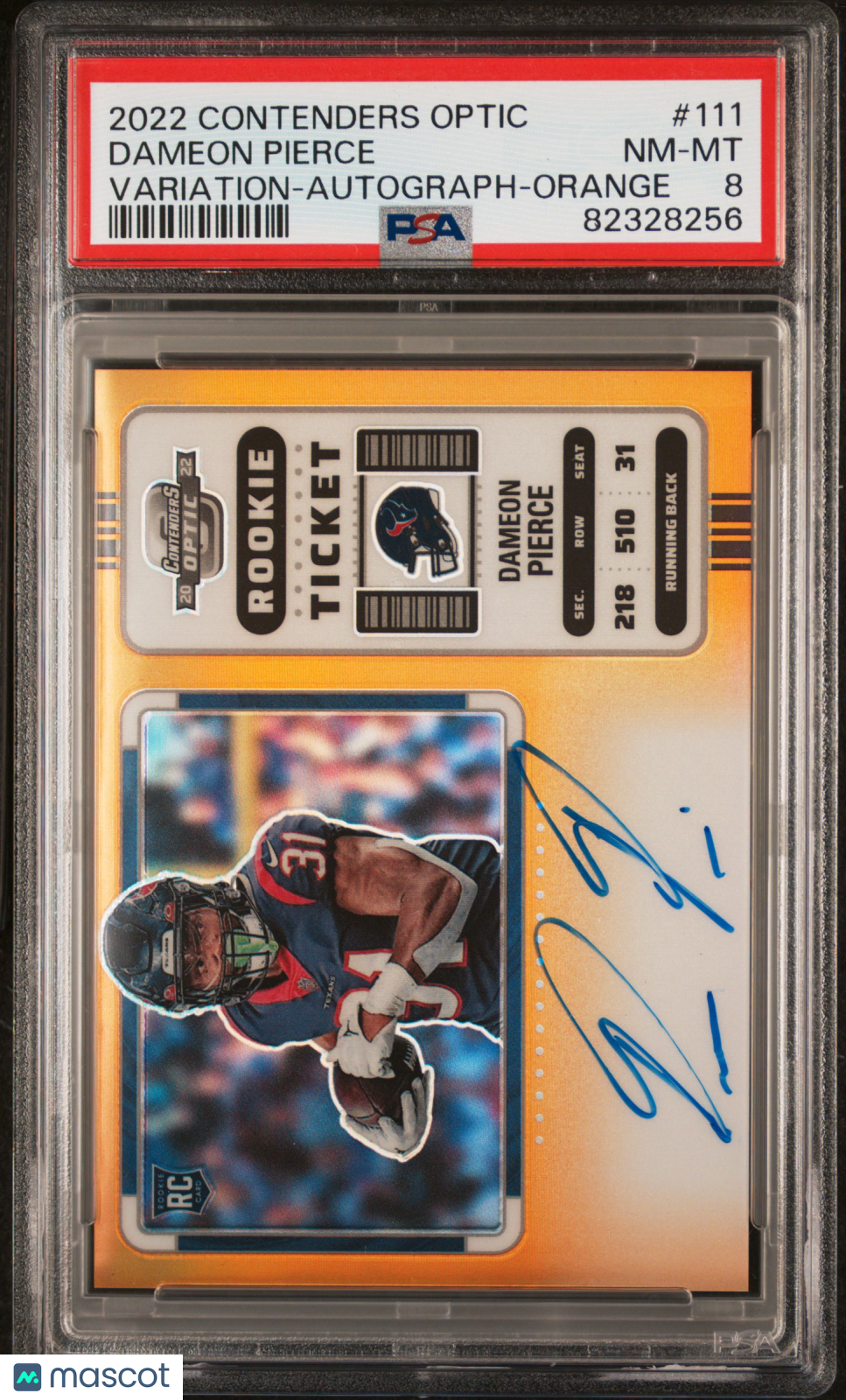 2022 Panini Contenders Optic Dameon Pierce Variation Auto Orange 15/20 PSA 8