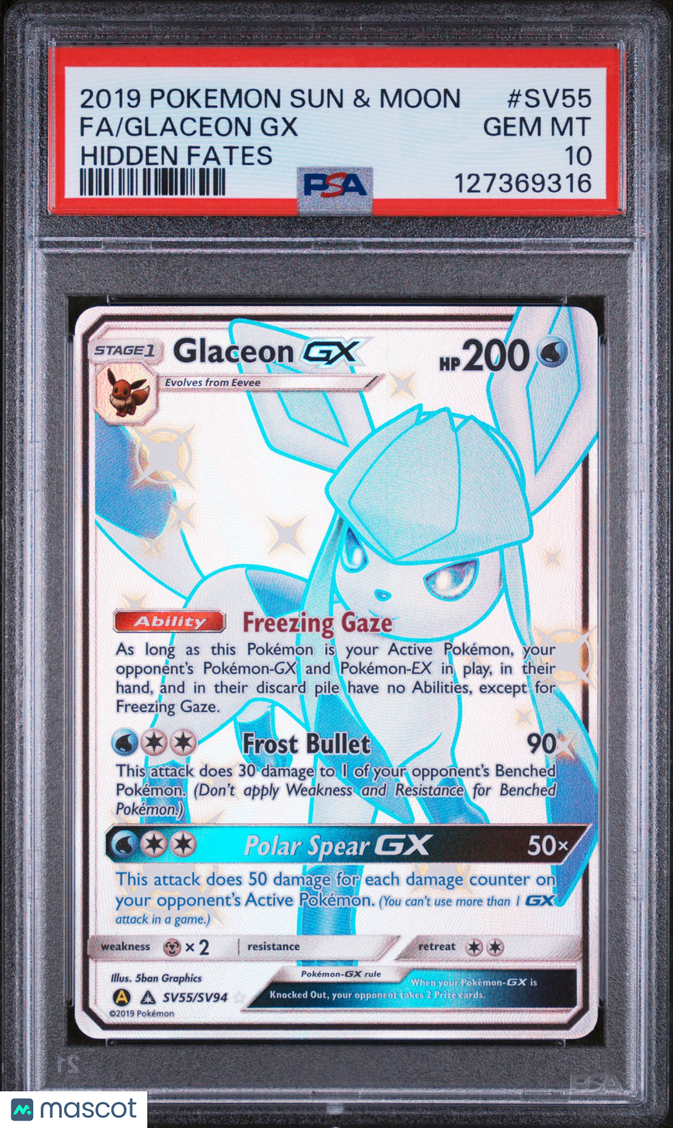 2019 Pokemon Sun & Moon Hidden Fates Glaceon GX #SV55 Fa Hidden Fates PSA 10