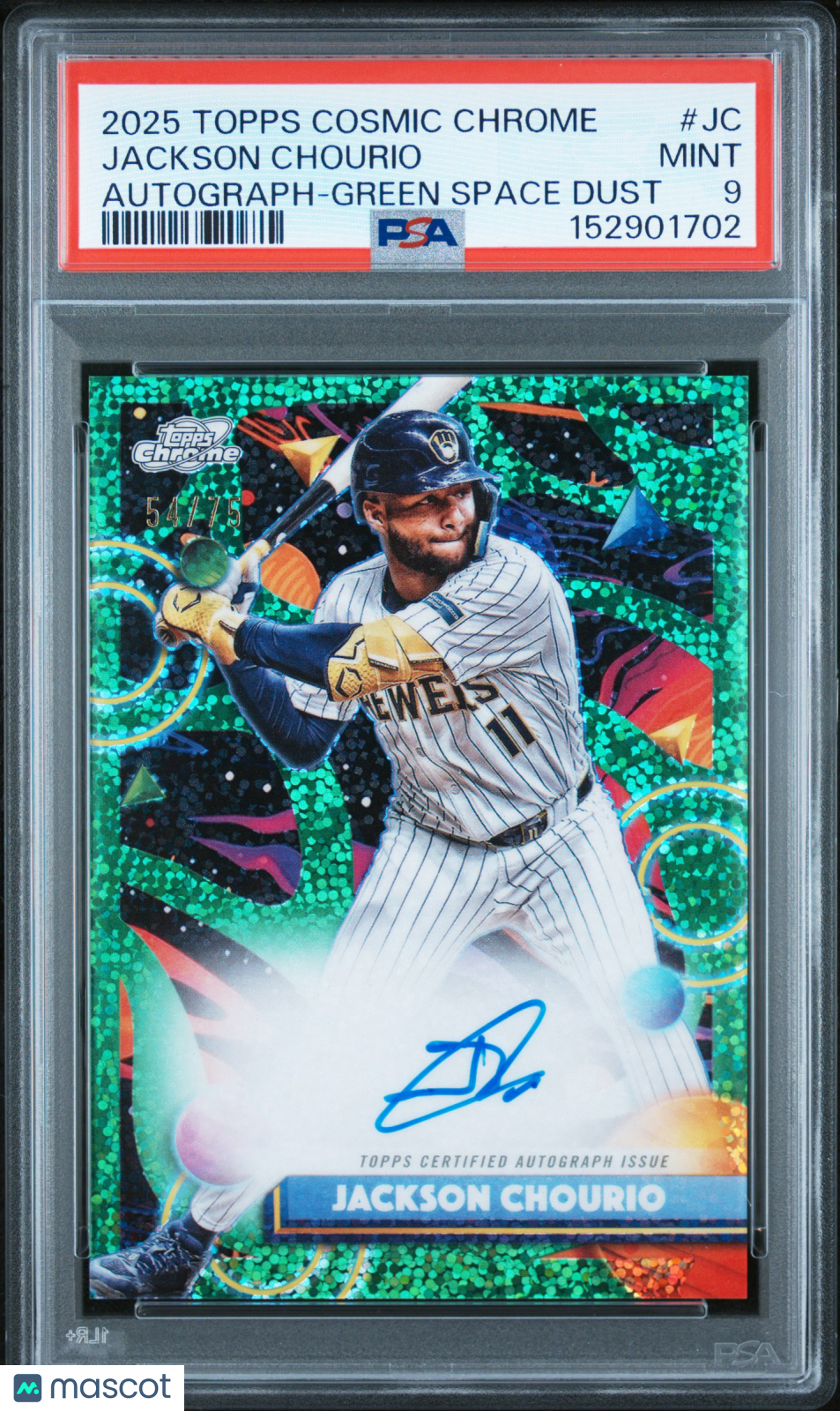 2025 Topps Cosmic Chrome Auto Jackson Chourio Green Space Dust 54/75 PSA 9 MINT