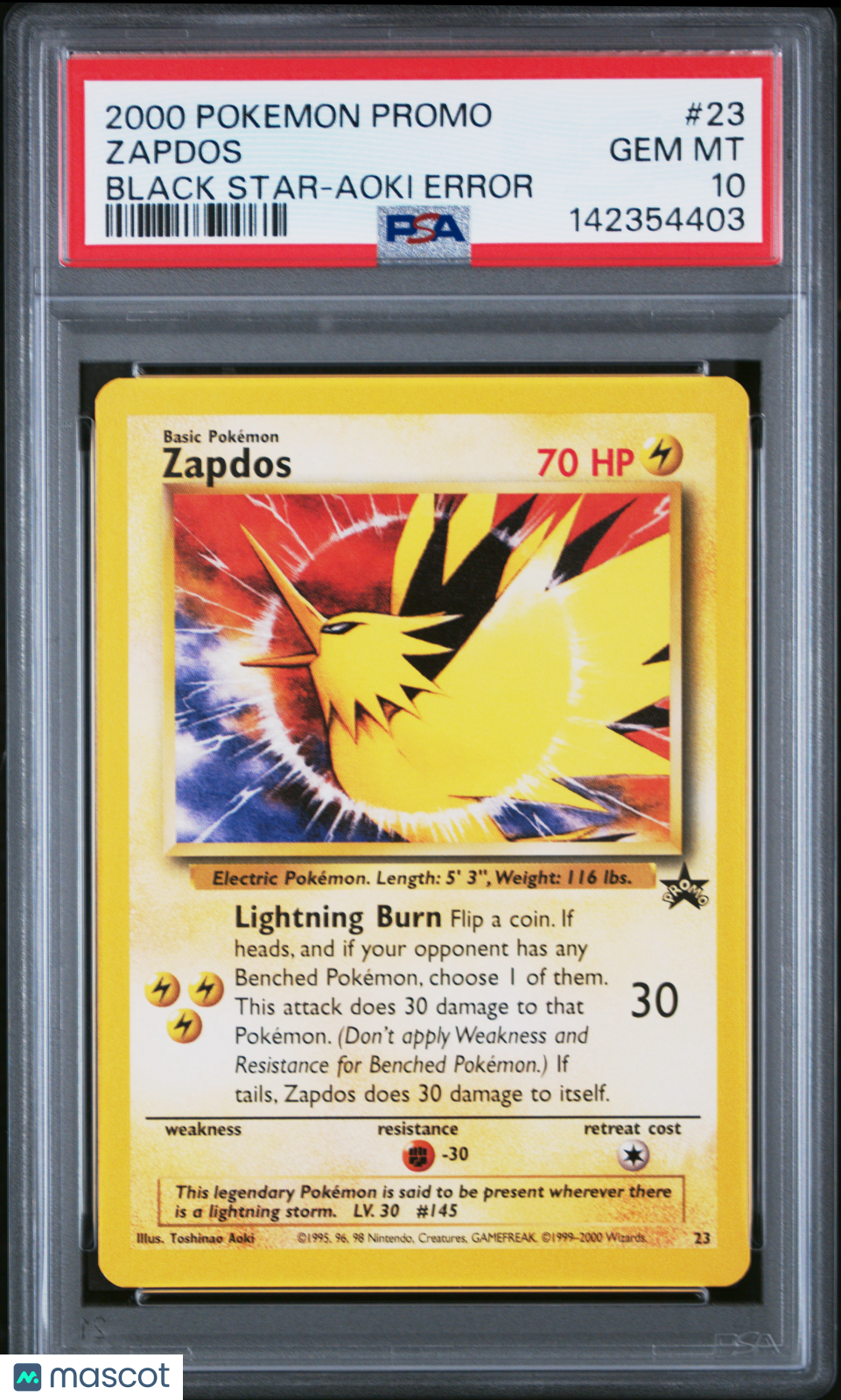 2000 Pokemon Promo Black Star Zapdos #23 Black Star-Aoki Error PSA 10