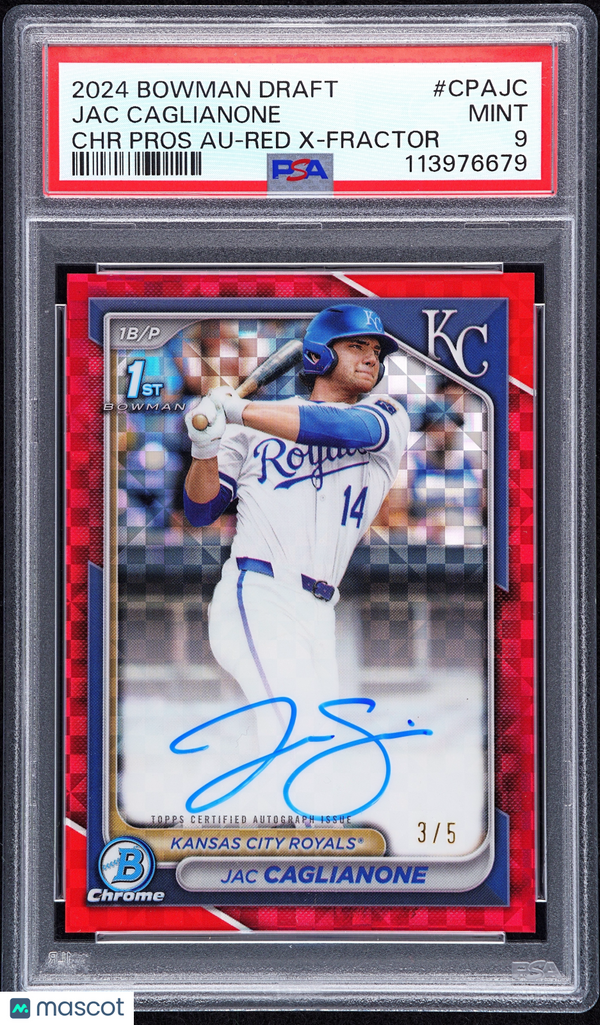 2024 Bowman Draft Chrome Prospect Auto Jac Caglianone Red X-Fractor 3/5 PSA 9