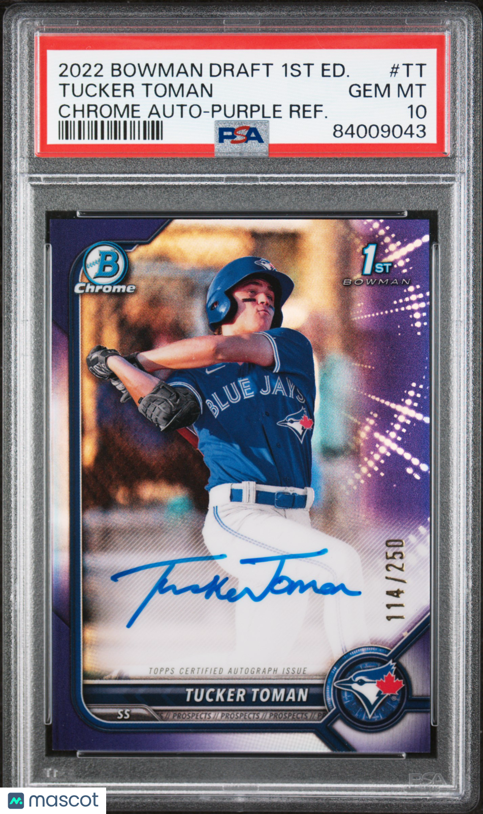 2022 Bowman Draft 1st Chrome Auto Tucker Toman Purple Refractor /250 PSA 10 Jays