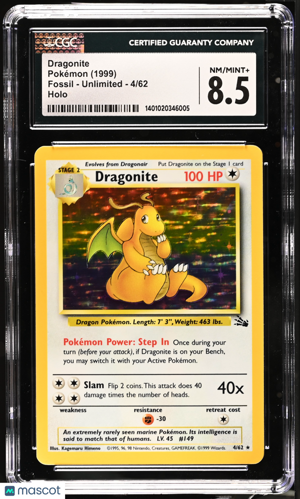 Pokémon 1999 Fossil Unlimited Dragonite #4/62 English CGC 8.5