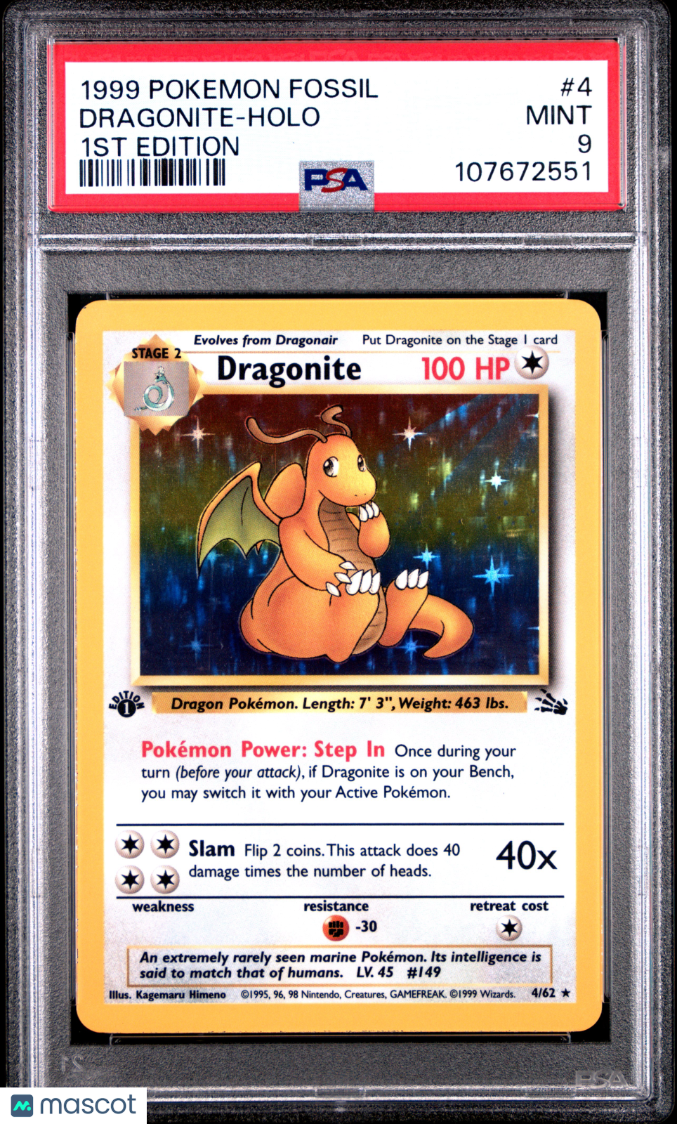 1999 Pokemon Fossil Dragonite #4 1ST Edition PSA 9 MINT