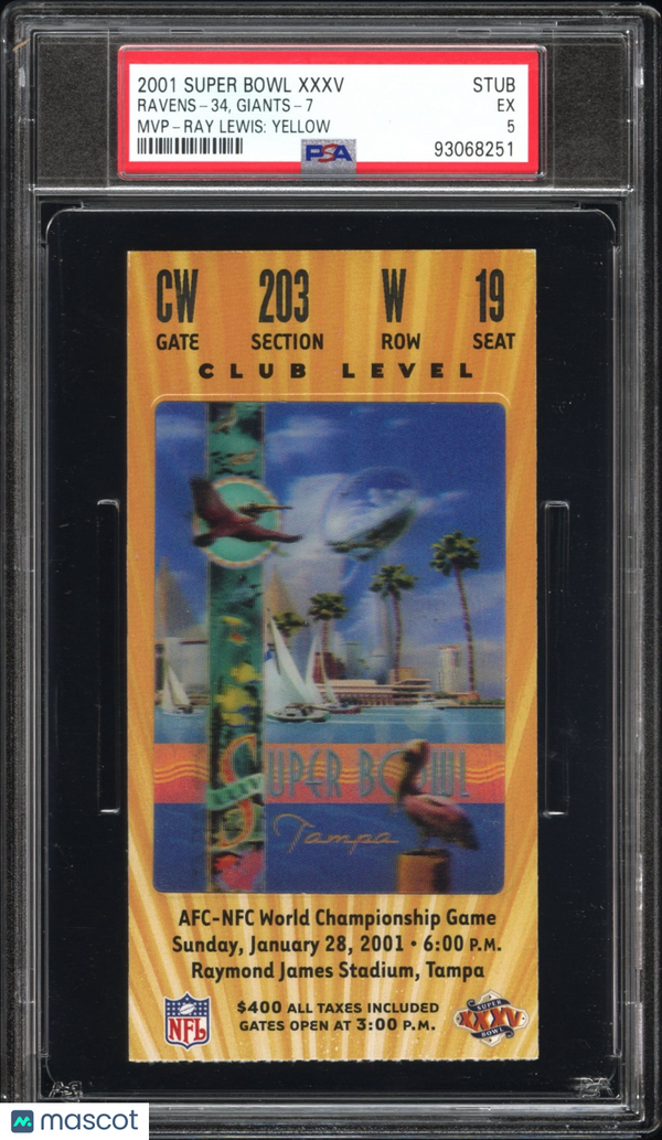 2001 Super Bowl XXXV Ray Lewis: Yellow MVP PSA 5 Ticket Stub