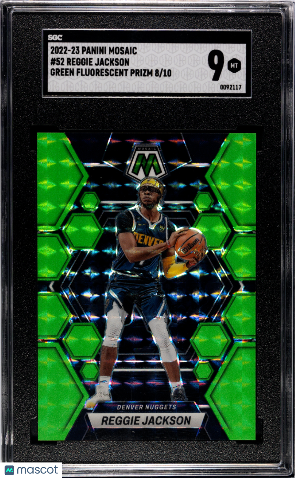 2022 Mosaic Reggie Jackson Green Fluorescent Prizm 08/10 52 SGC 9 Denver Nuggets