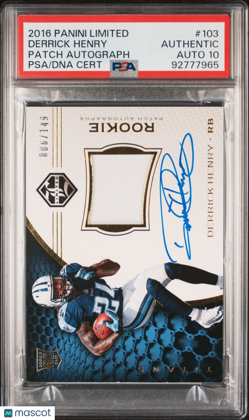 2016 Panini Limited Derrick Henry Patch Autograph 006/149 #103 PSA A