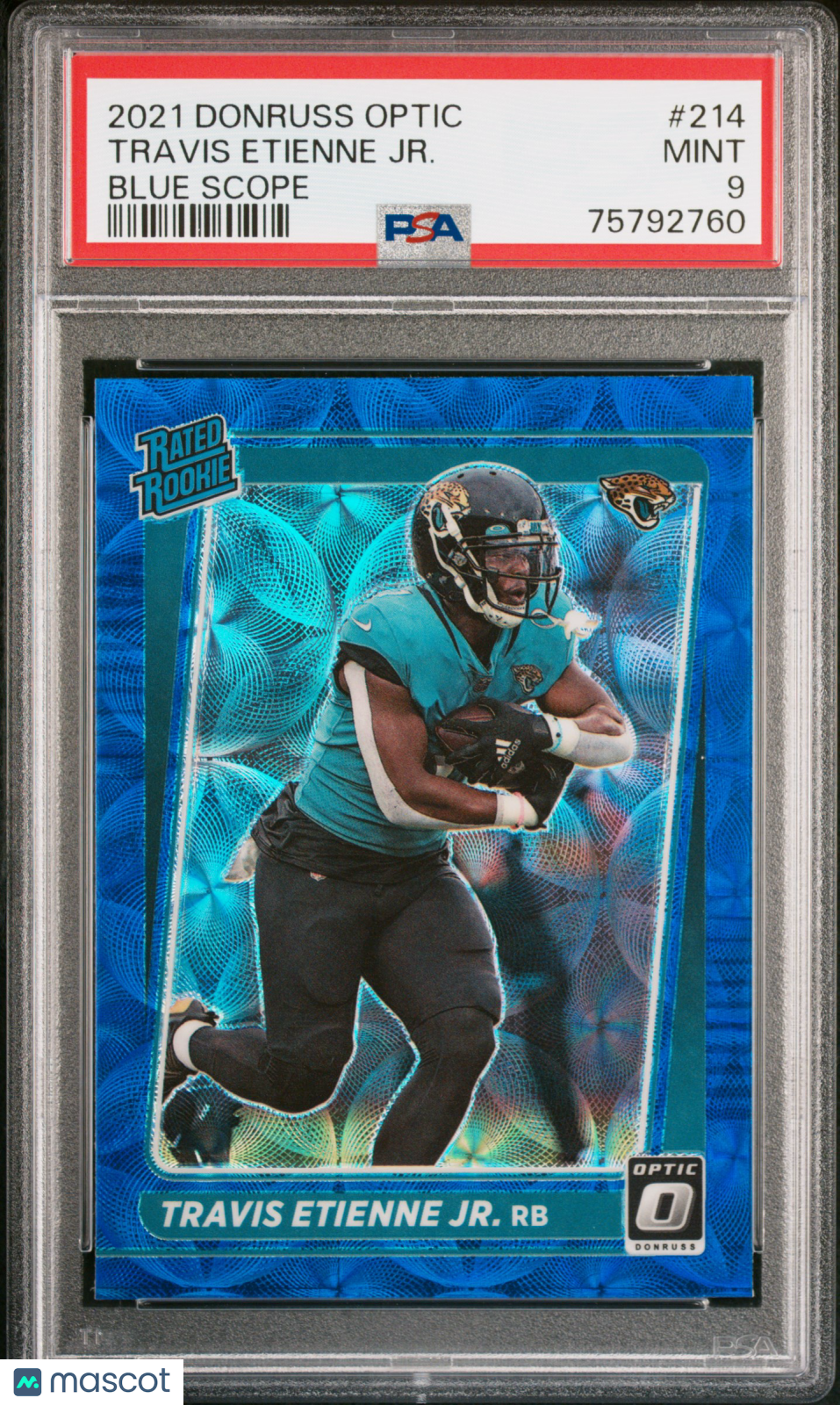 2021 Panini Donruss Optic Travis Etienne JR. Blue Scope Rookie PSA 9 Jaguars