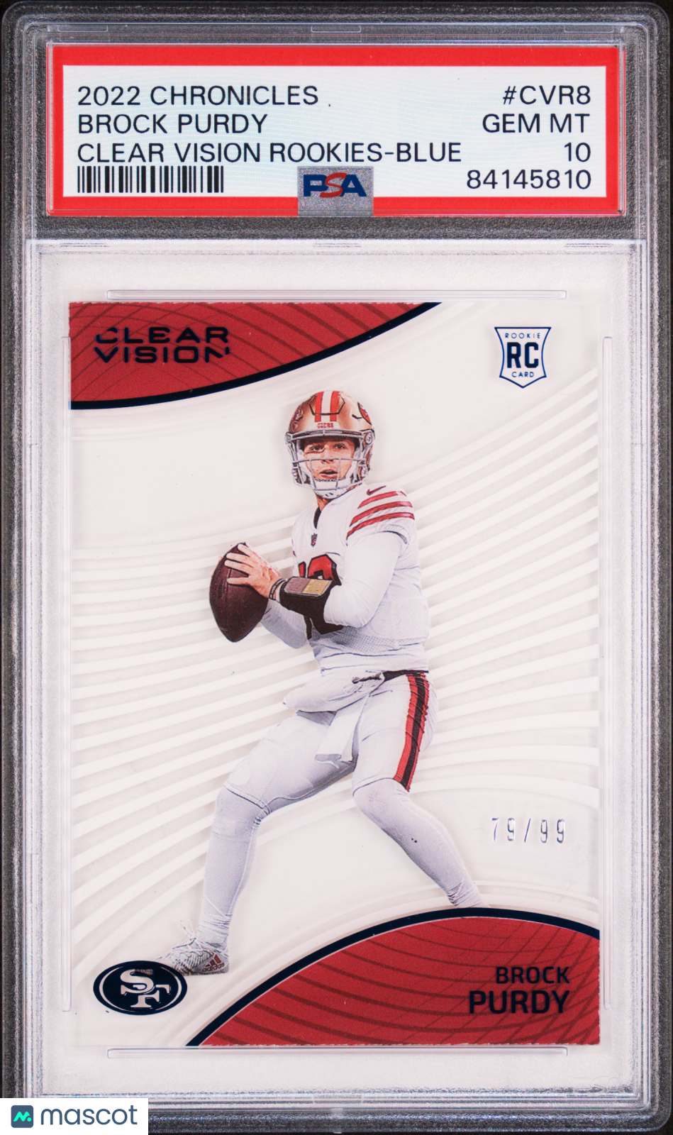 2022 Chronicles Clear Vision Rookies Brock Purdy Blue Rookie 79/99 PSA 10 49ers