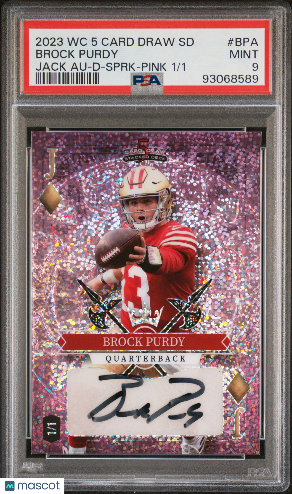 2023 Wild Card 5 Jack Auto Brock Purdy-Red Jsy Sprk Pink 1/1 #BPA PSA 9