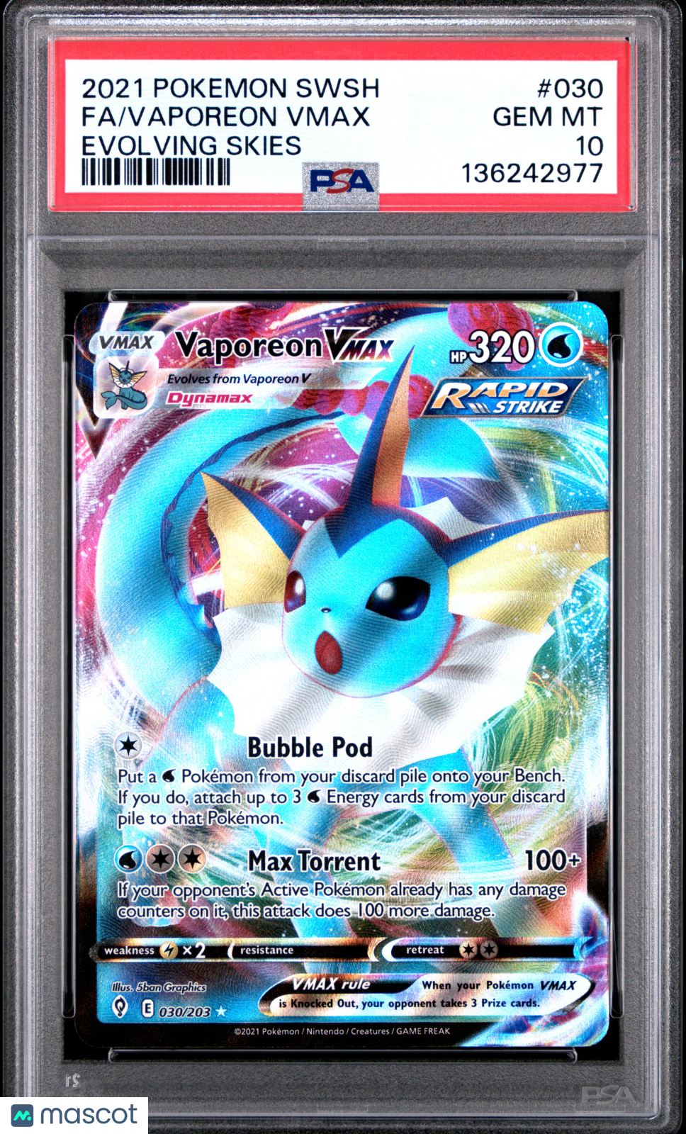 2021 Pokemon Sword & Shield Evolving Skies Vaporeon VMAX #030 PSA 10