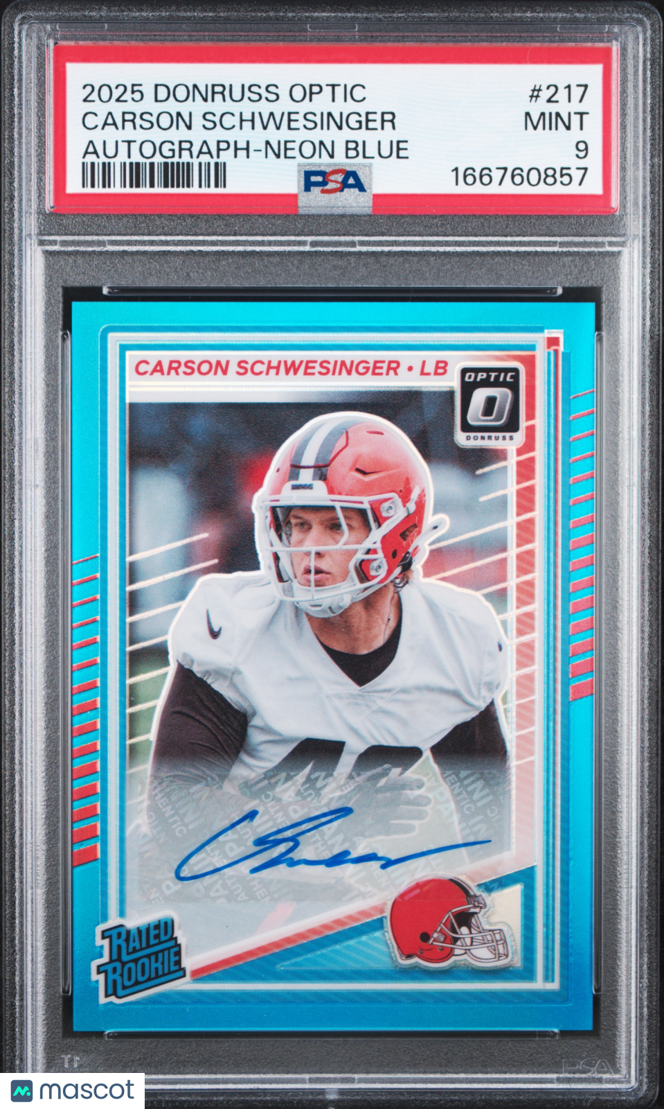 2025 Panini Donruss Optic Carson Schwesinger Auto Neon Blue #217 PSA 9 /299