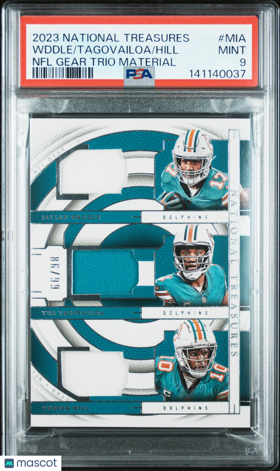2023 National Treasures Gear Trio Materials Tagovailoa Hill Waddle 66/98 PSA 9