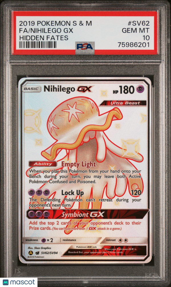 2019 Pokemon Sun & Moon Hidden Fates Nihilego GX #SV62 Hidden Fates PSA 10