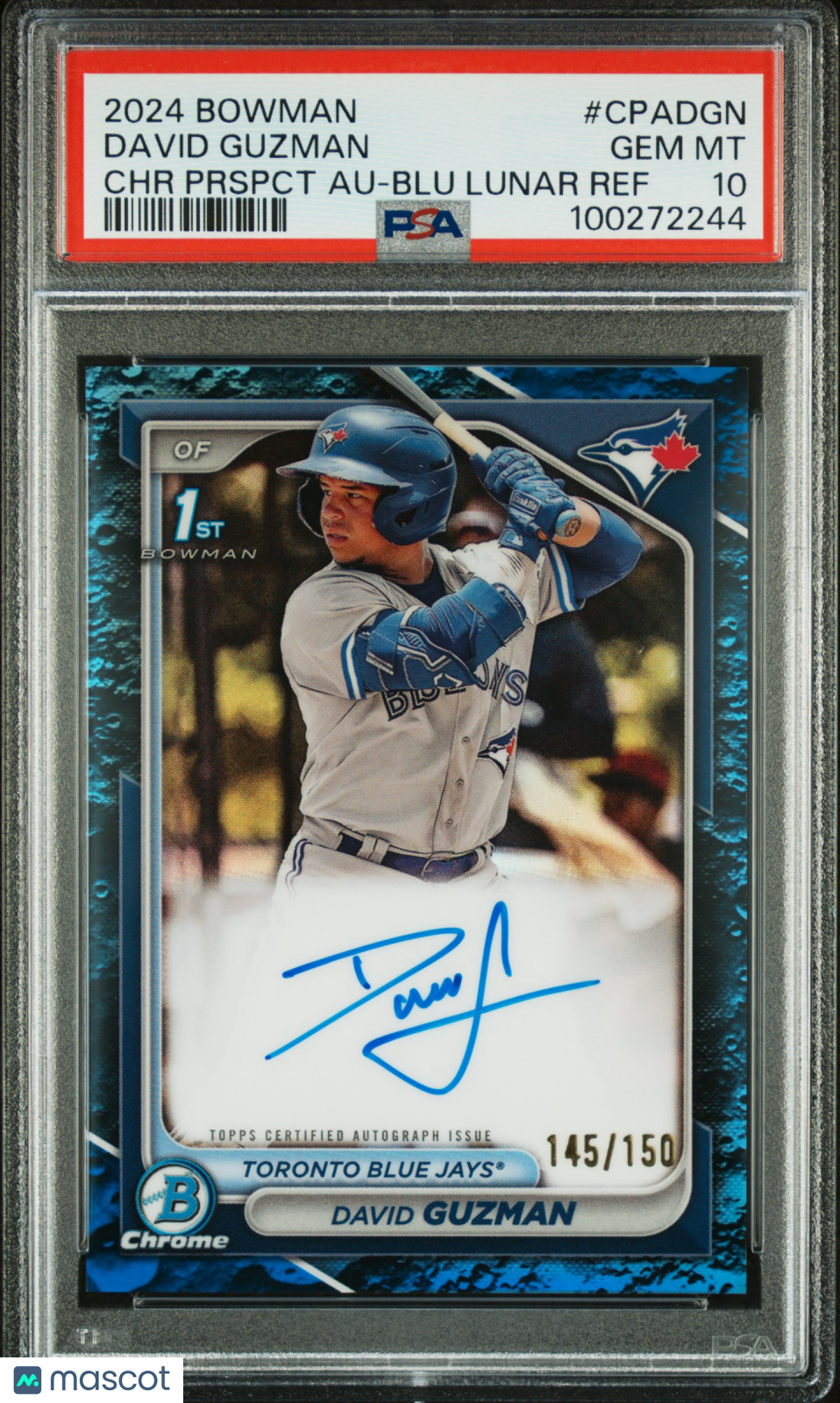 2024 Bowman Chrome Prospect Autographs David Guzman BluE Lunar Ref /150 PSA 10