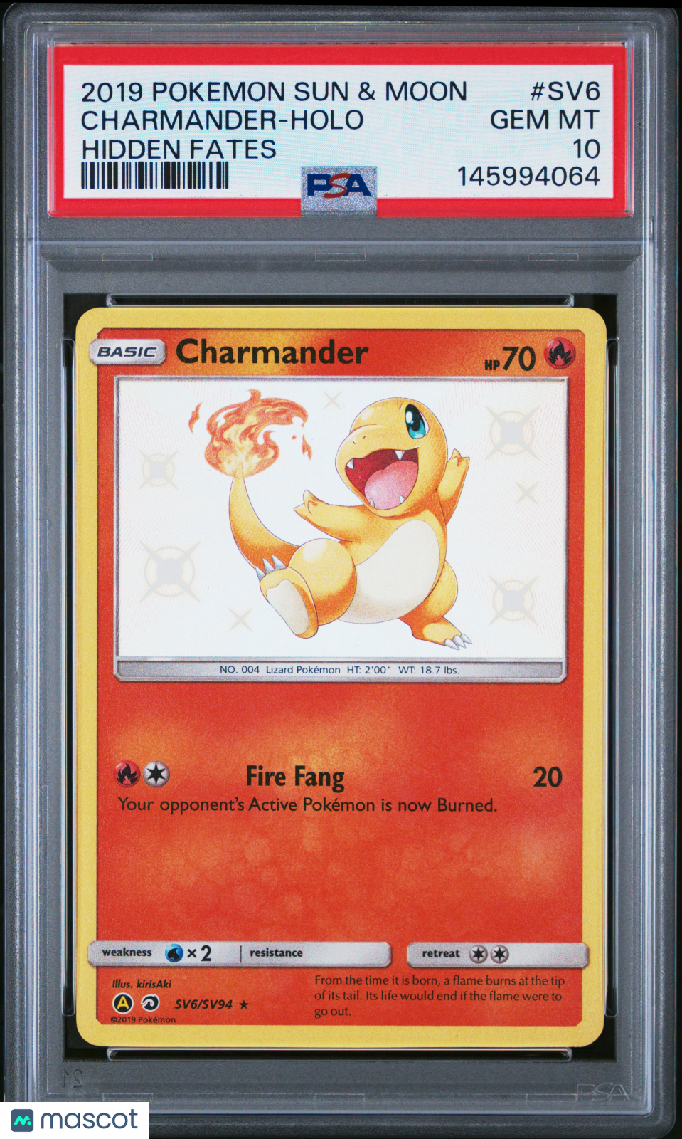 2019 Pokemon Sun & Moon Hidden Fates Charmander #SV6 Hidden Fates PSA 10
