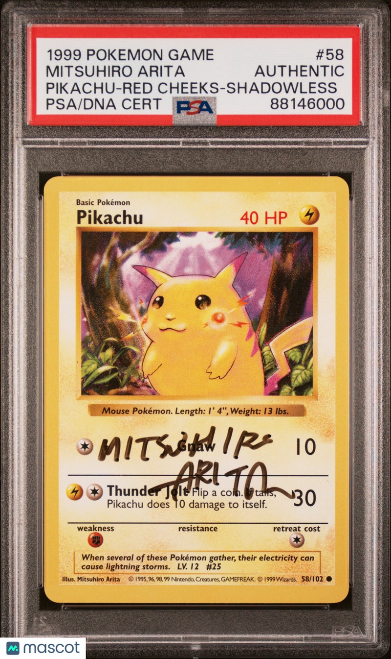 1999 Base Set Shadowless Pikachu Red Cheeks Mitsuhiro Arita Signed & Authentic