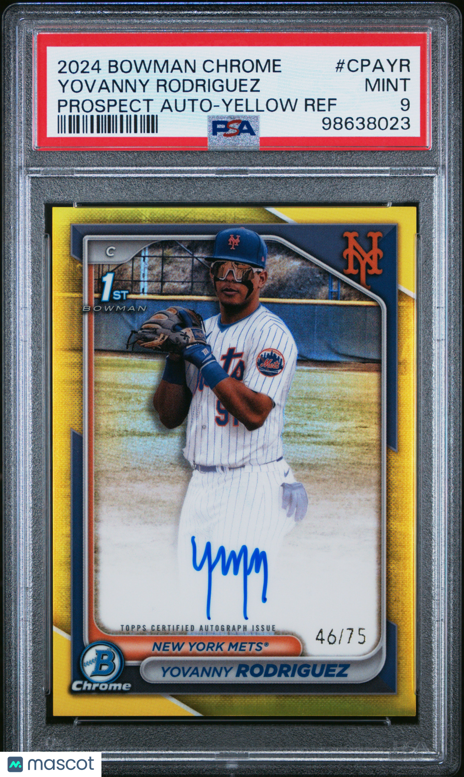 2024 Bowman Chrome Prospect Autographs Yovanny Rodriguez Yellow Ref /75 PSA 9