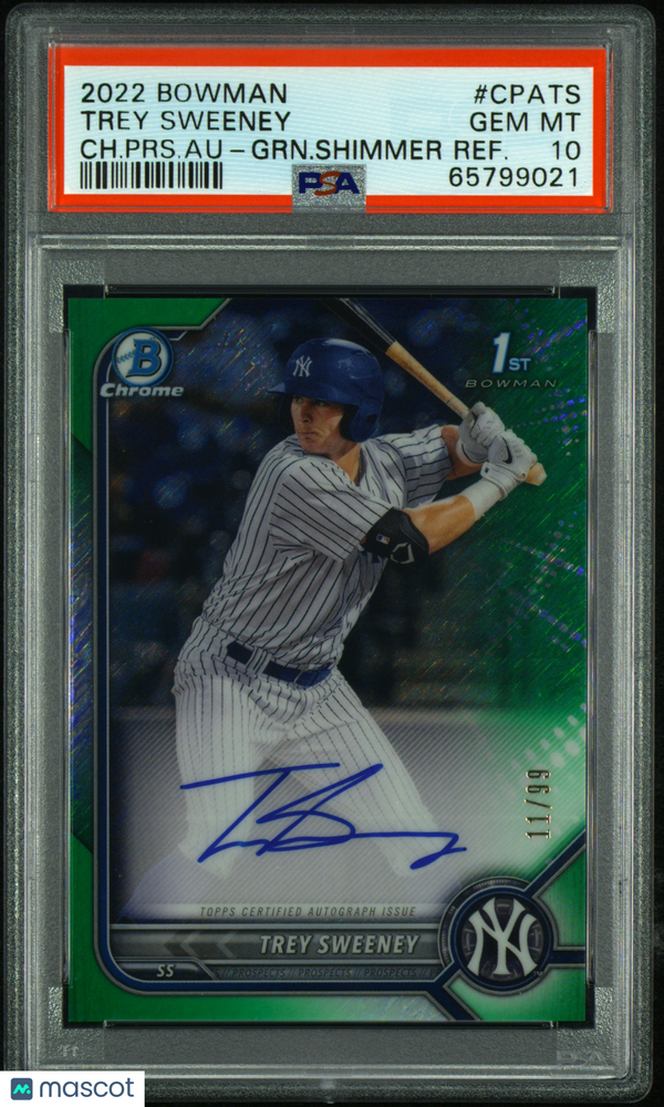 Trey Sweeney 2022 Bowman Chrome Prospect Autograph Green Shimmer /99 1st Bowman